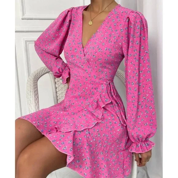 Pink Boho Ditsy Floral Flounce Long Sleeve Knot Side Mini Dress - Picture 3 of 6